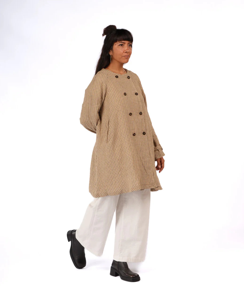 Berg French Linen Collarless Peacoat in Brown Check montaigne