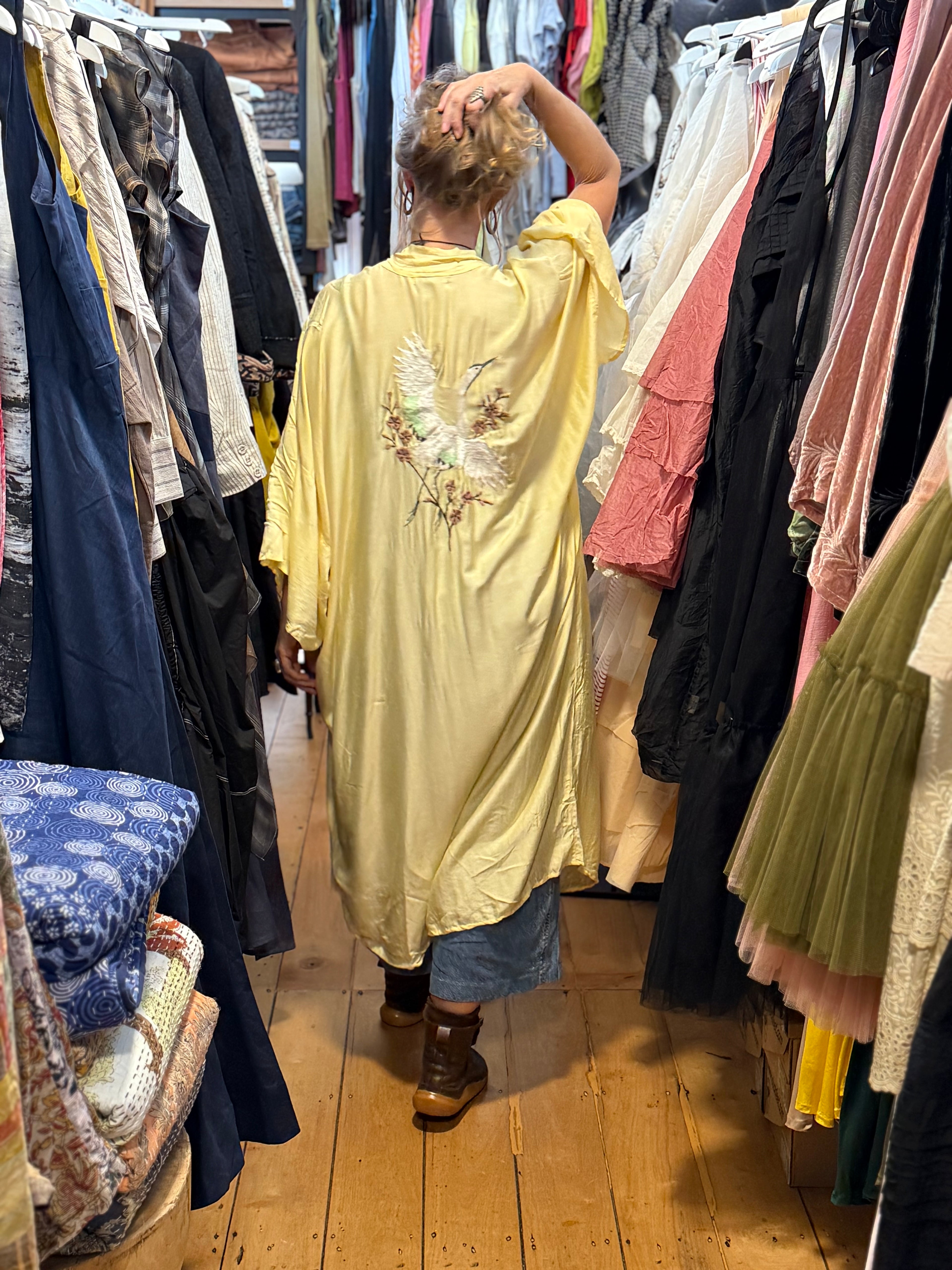 Otomo Crane Kimono Long O/S silk /linen