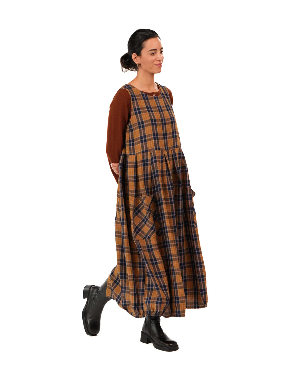 Montaigne Sartene dress blue tweed check French linen