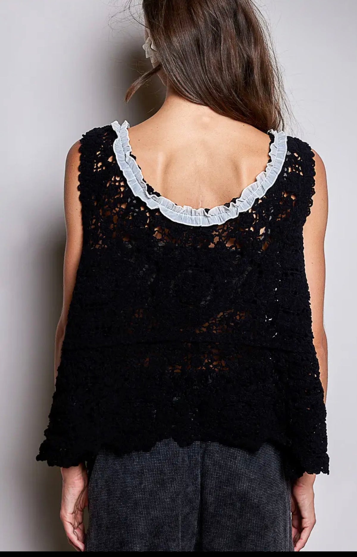 Hand crafted cotton crochet macy top black one size