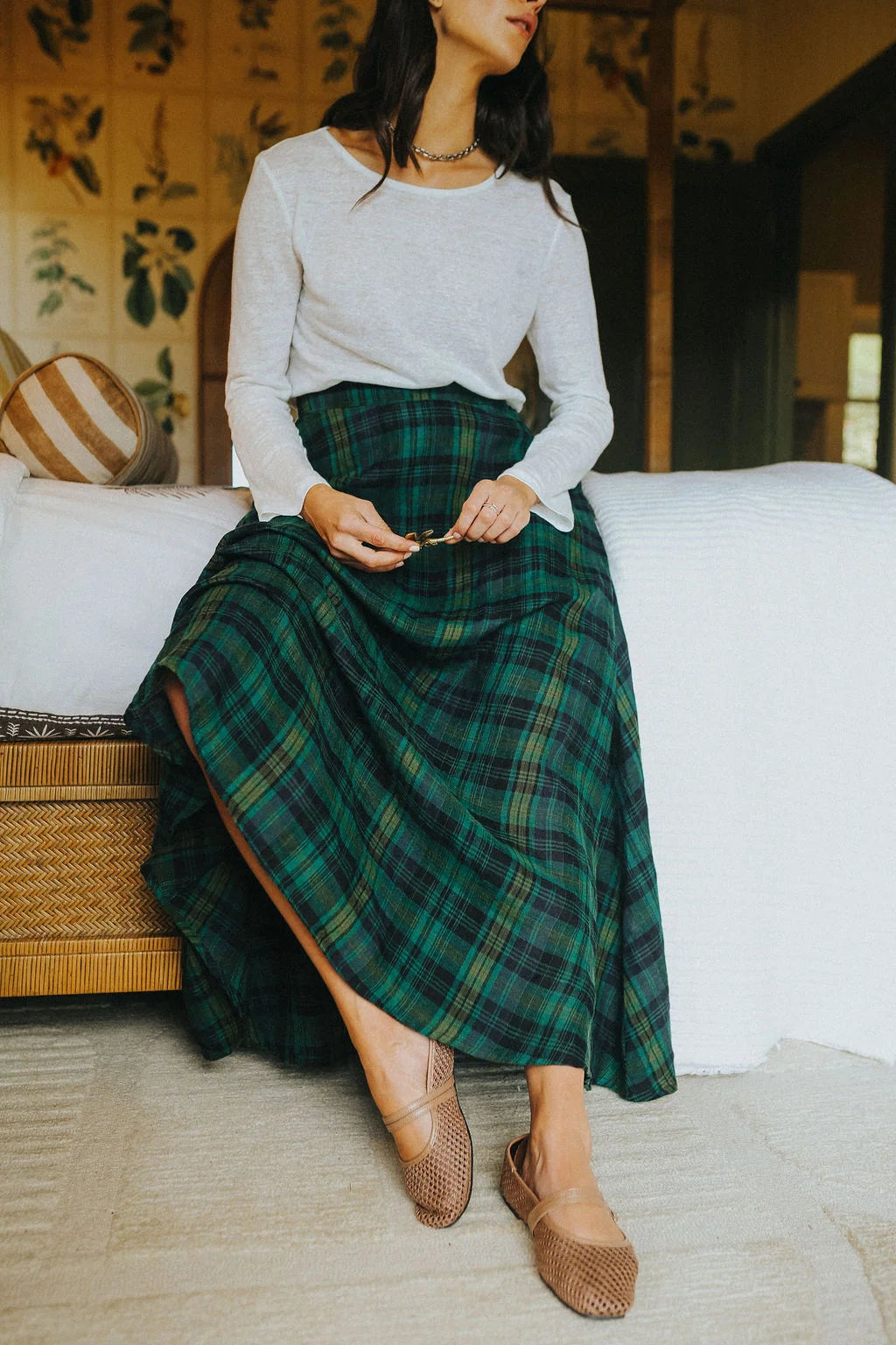 Montaigne Anya Linen Maxi Skirt In Green & Black Plaid O/S