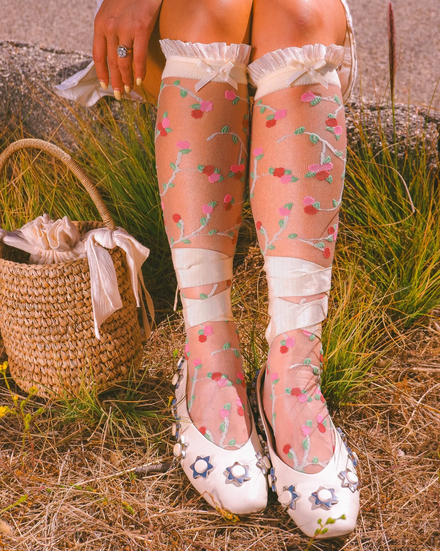 Sheer rosette ruffle bow knee high socks