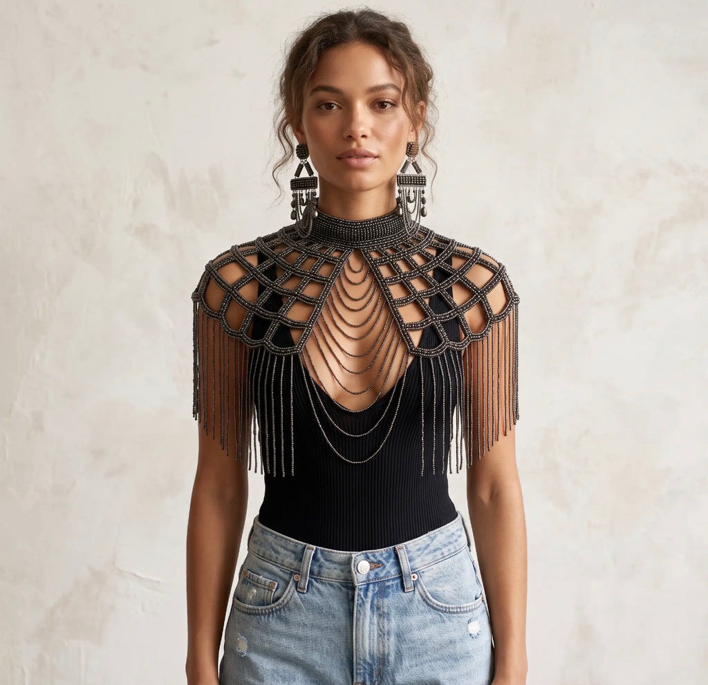 Onyx gunmetal beaded capelet