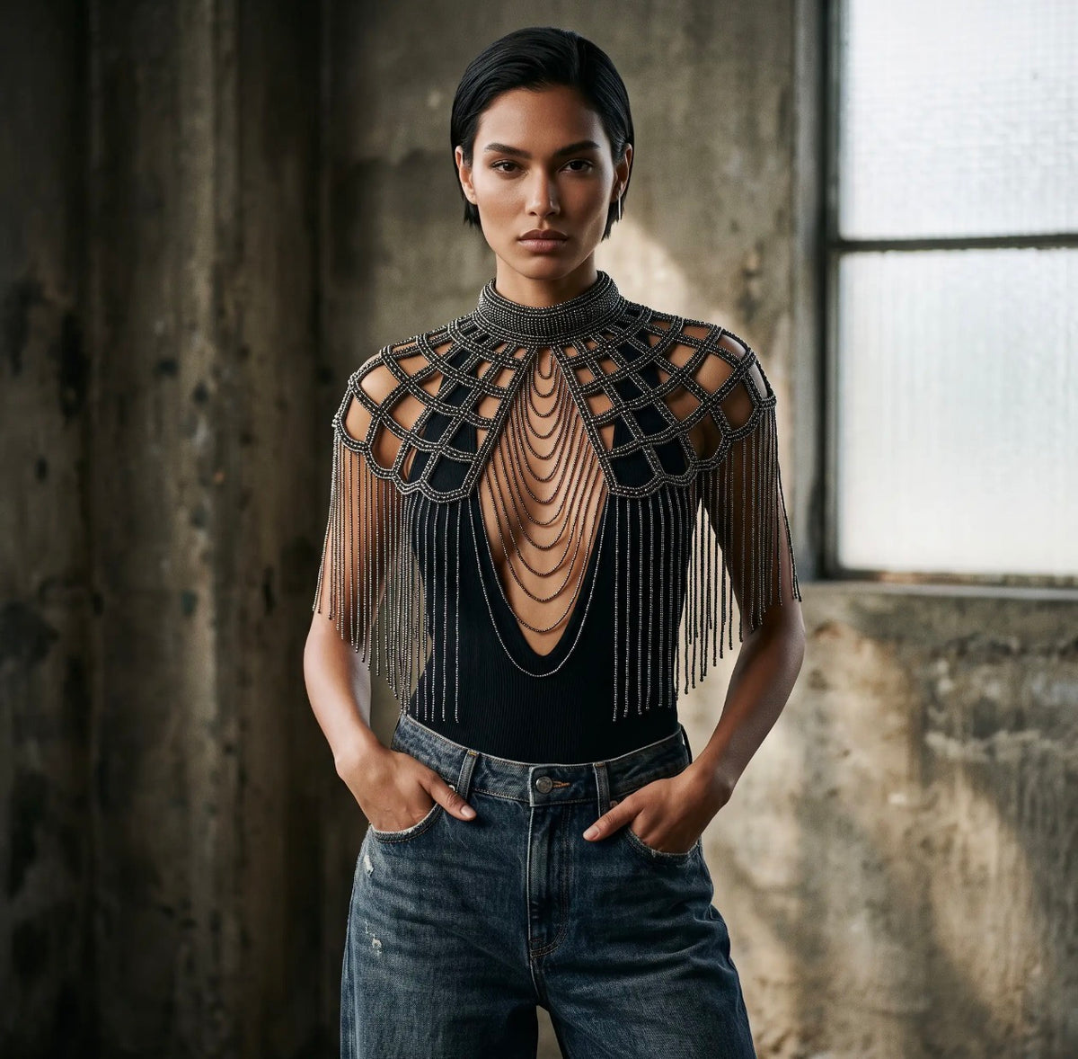 Onyx gunmetal beaded capelet