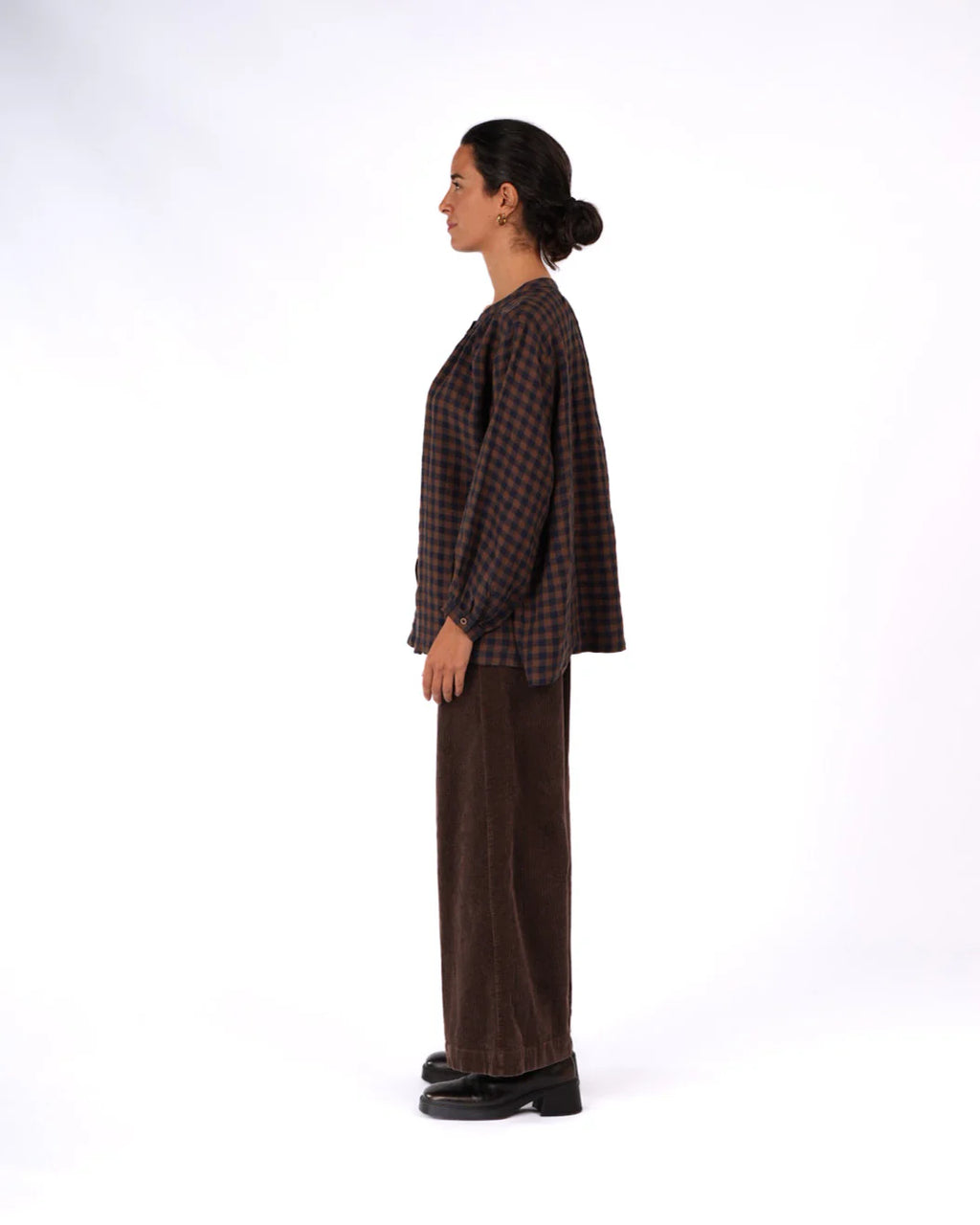 Montaigne Carmen button through long sleeve top blue and brown check