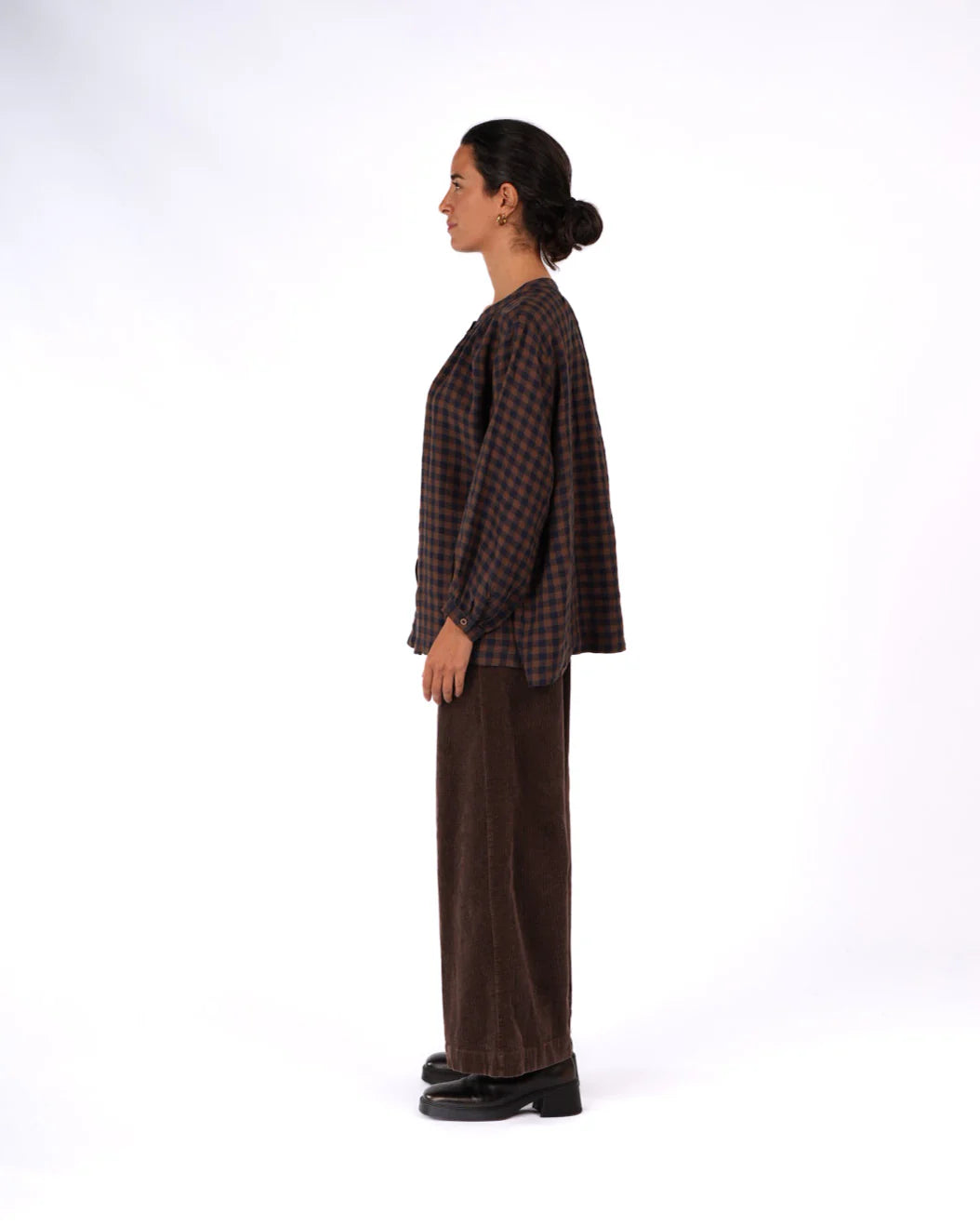 Montaigne Carman button through long sleeve top blue and brown check