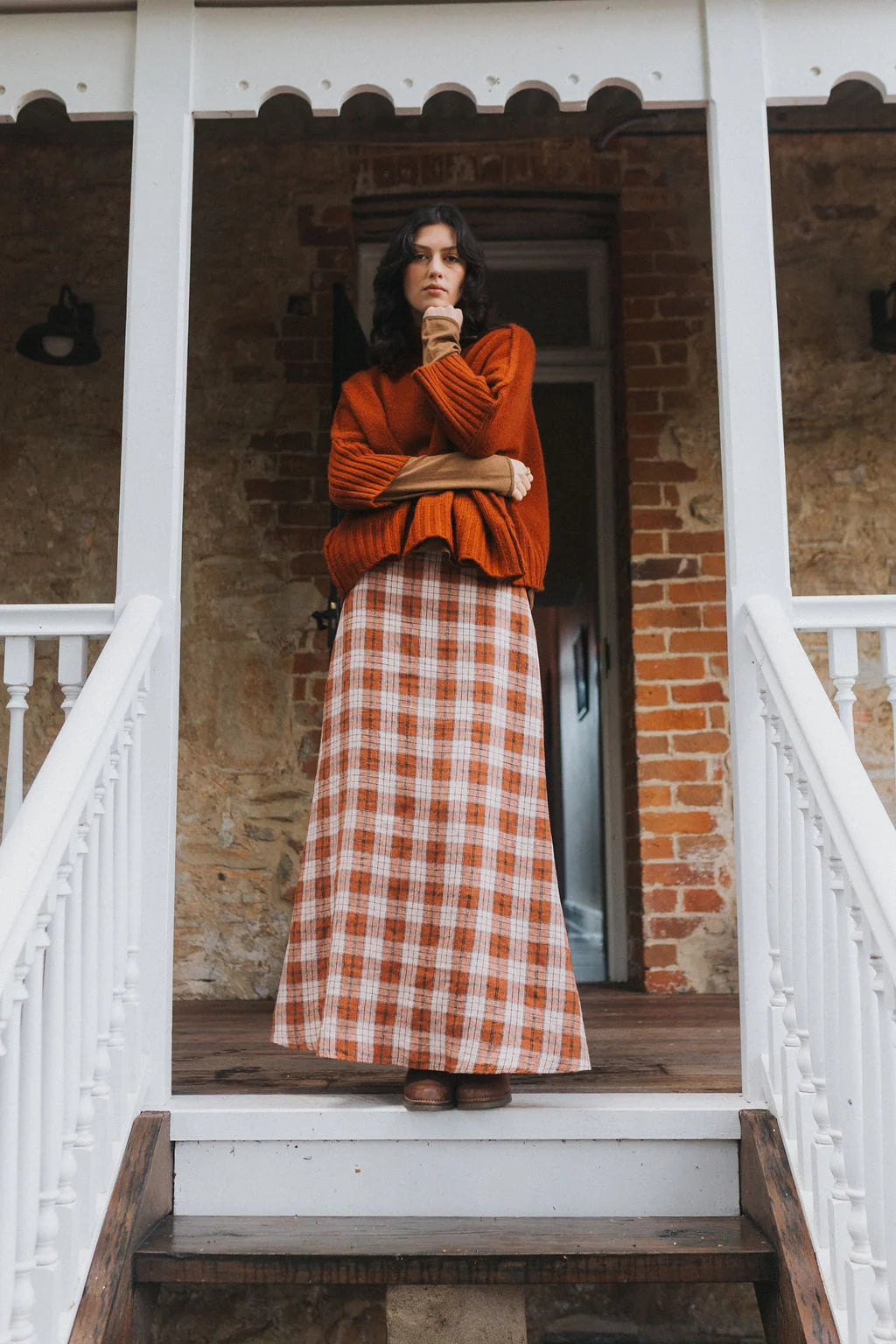 Montaigne Francie French Linen Maxi Skirt in Clay Check