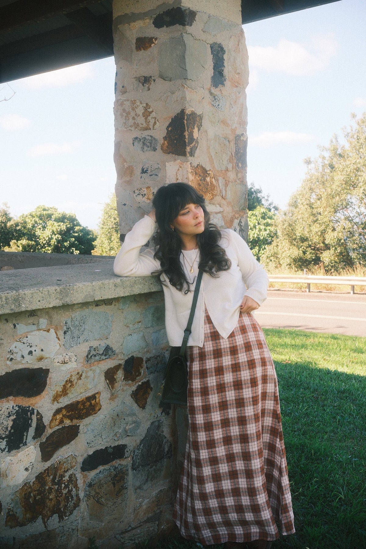 Montaigne Francie French Linen Maxi Skirt in Clay Check