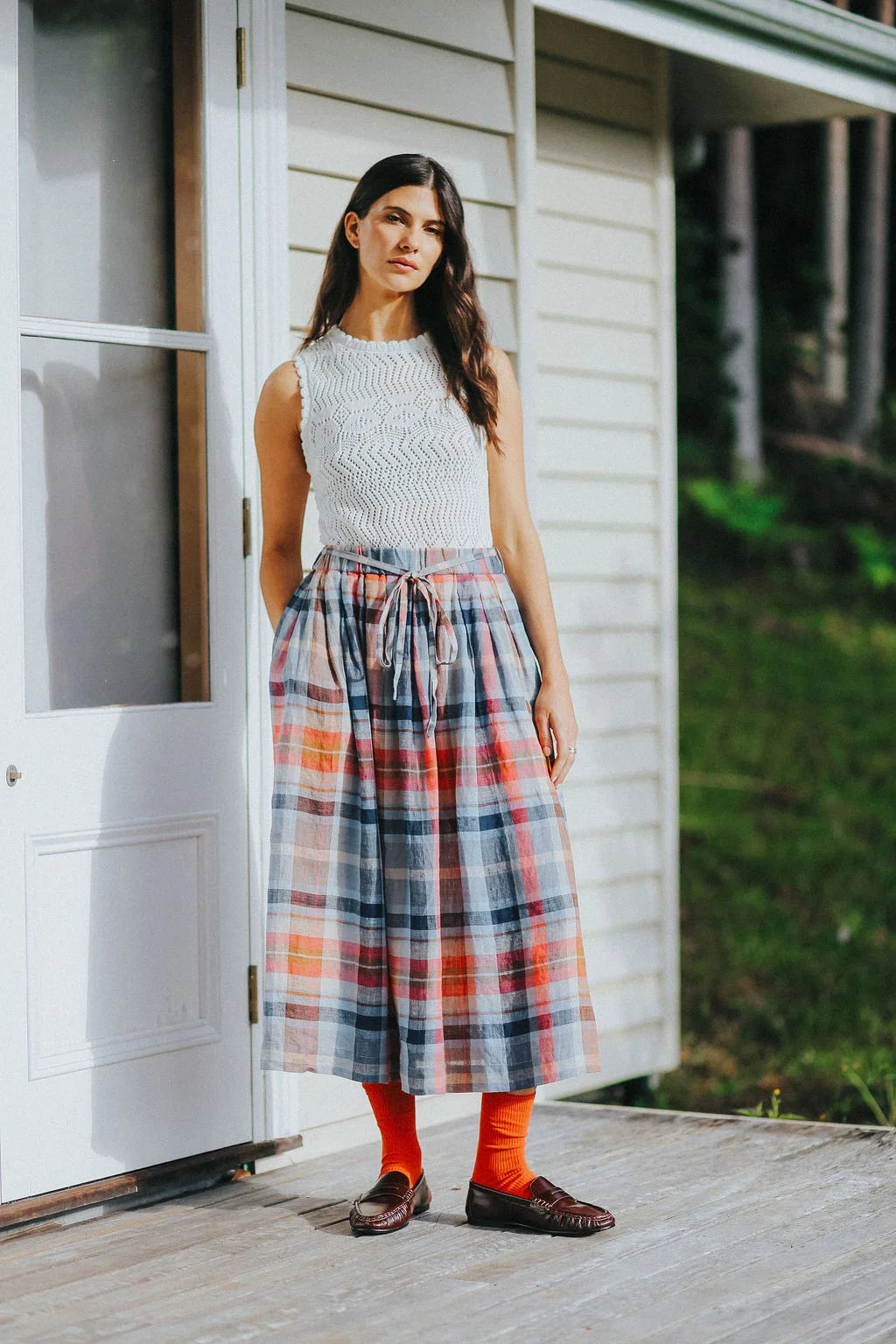 Montaigne Amélie Multi Check Linen Skirt with Belt O/S