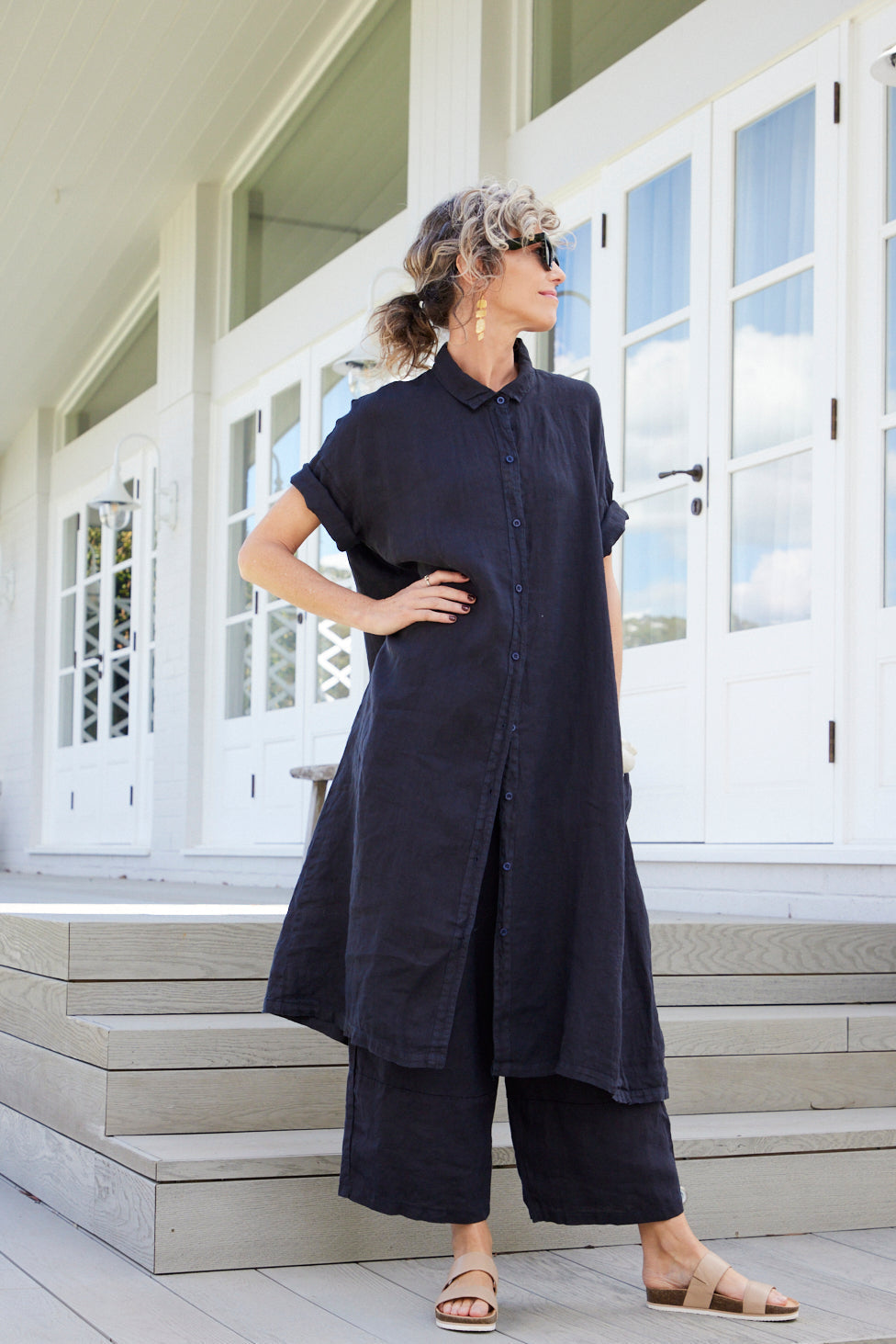 Montaigne Salome short sleeve linen button up dress