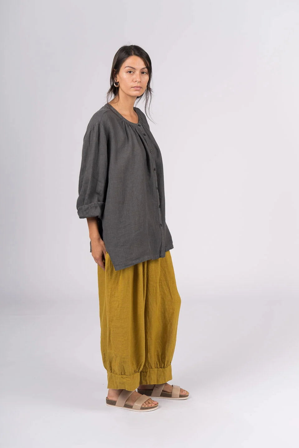 Montaigne Carmen Button Through Long Sleeve Linen Top