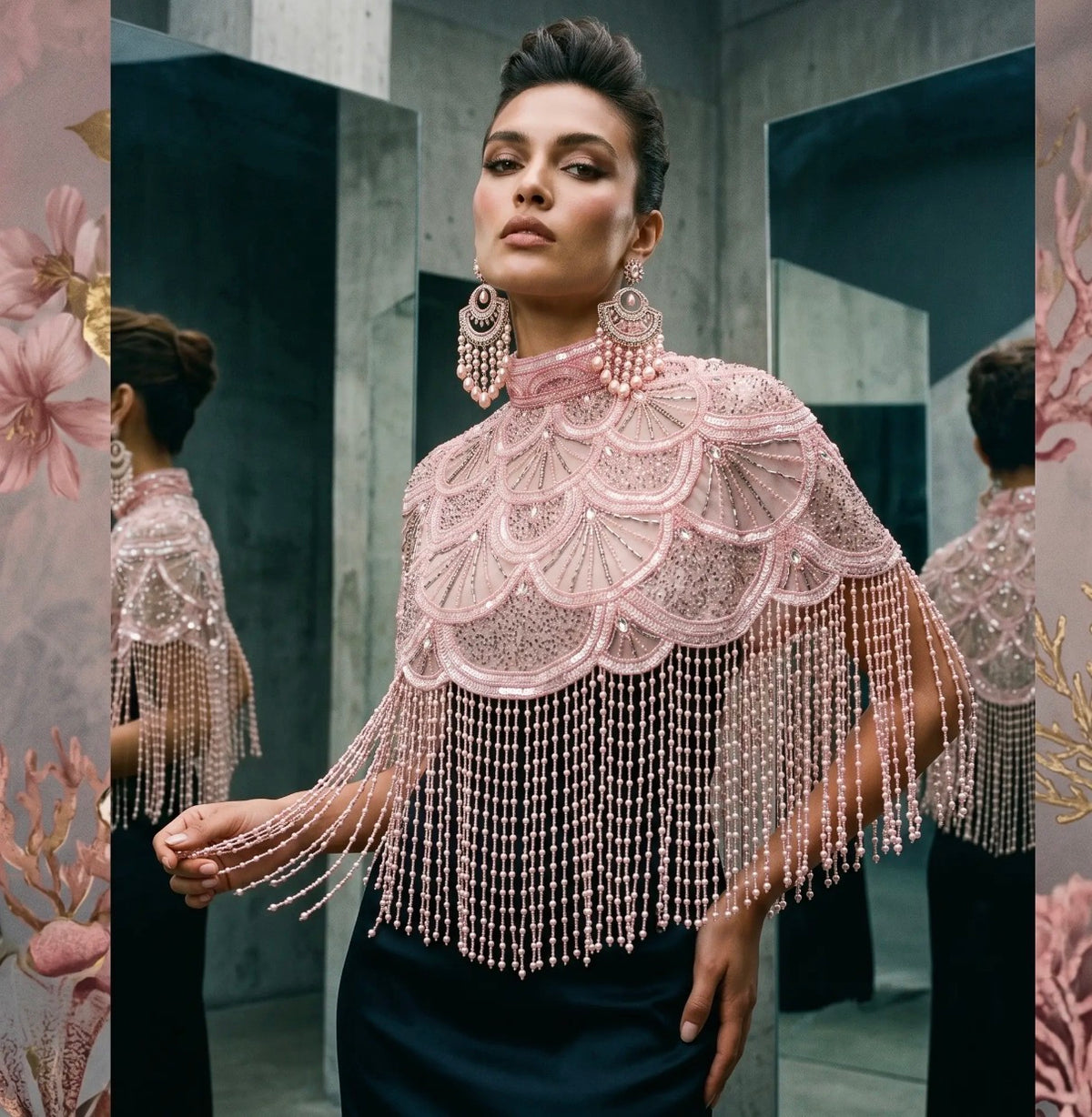 Rose reverie beaded caplet fringe cape