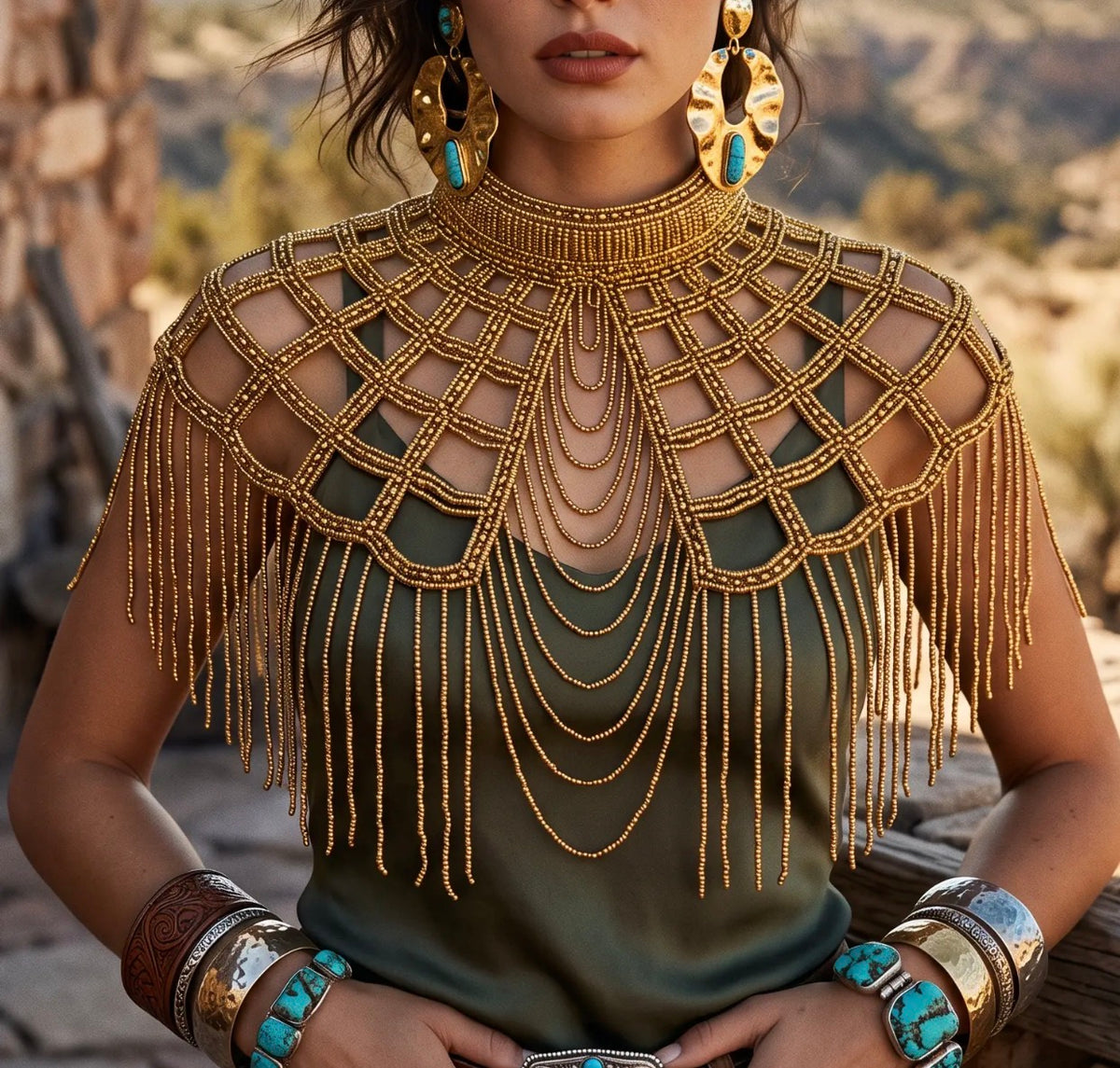 Golden lattice beaded capelet