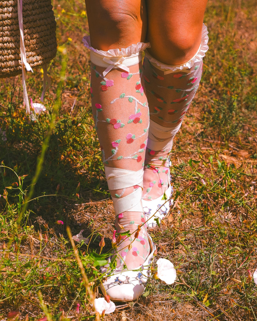 Sheer rosette ruffle bow knee high socks