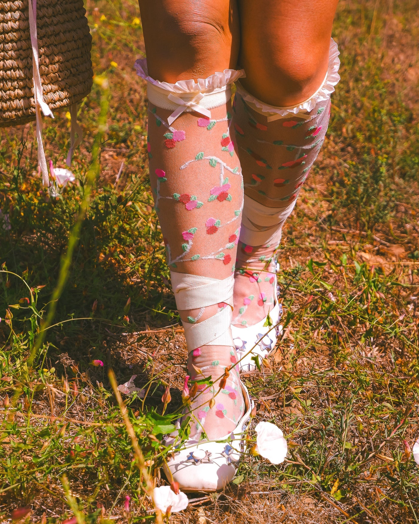 Sheer rosette ruffle bow knee high socks