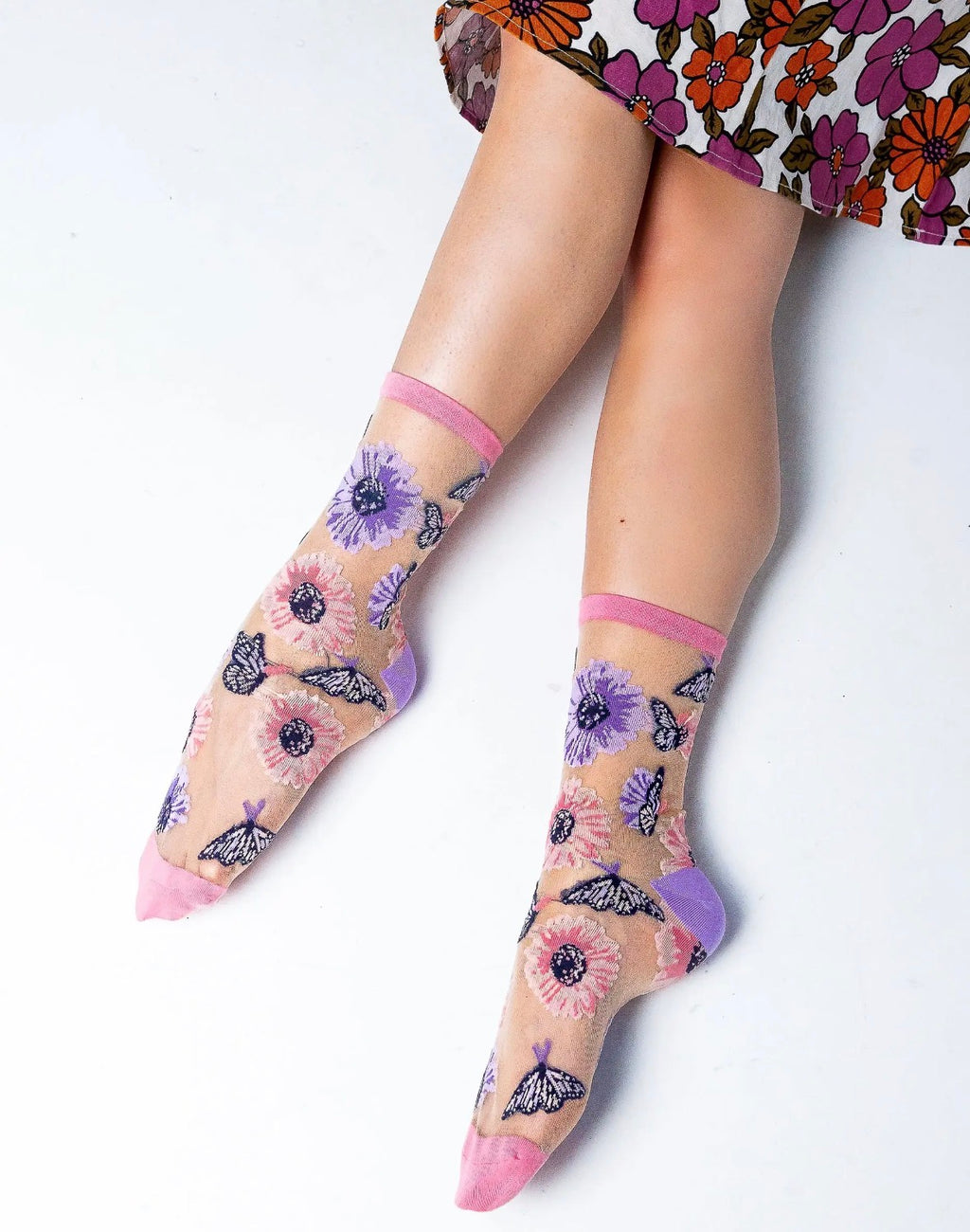 Sunflower butterfly sheer crew socks
