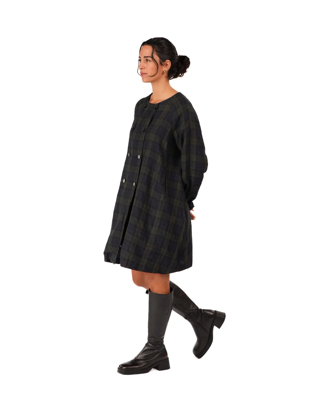 Montaigne Berg French Linen Tartan Collarless Peacoat