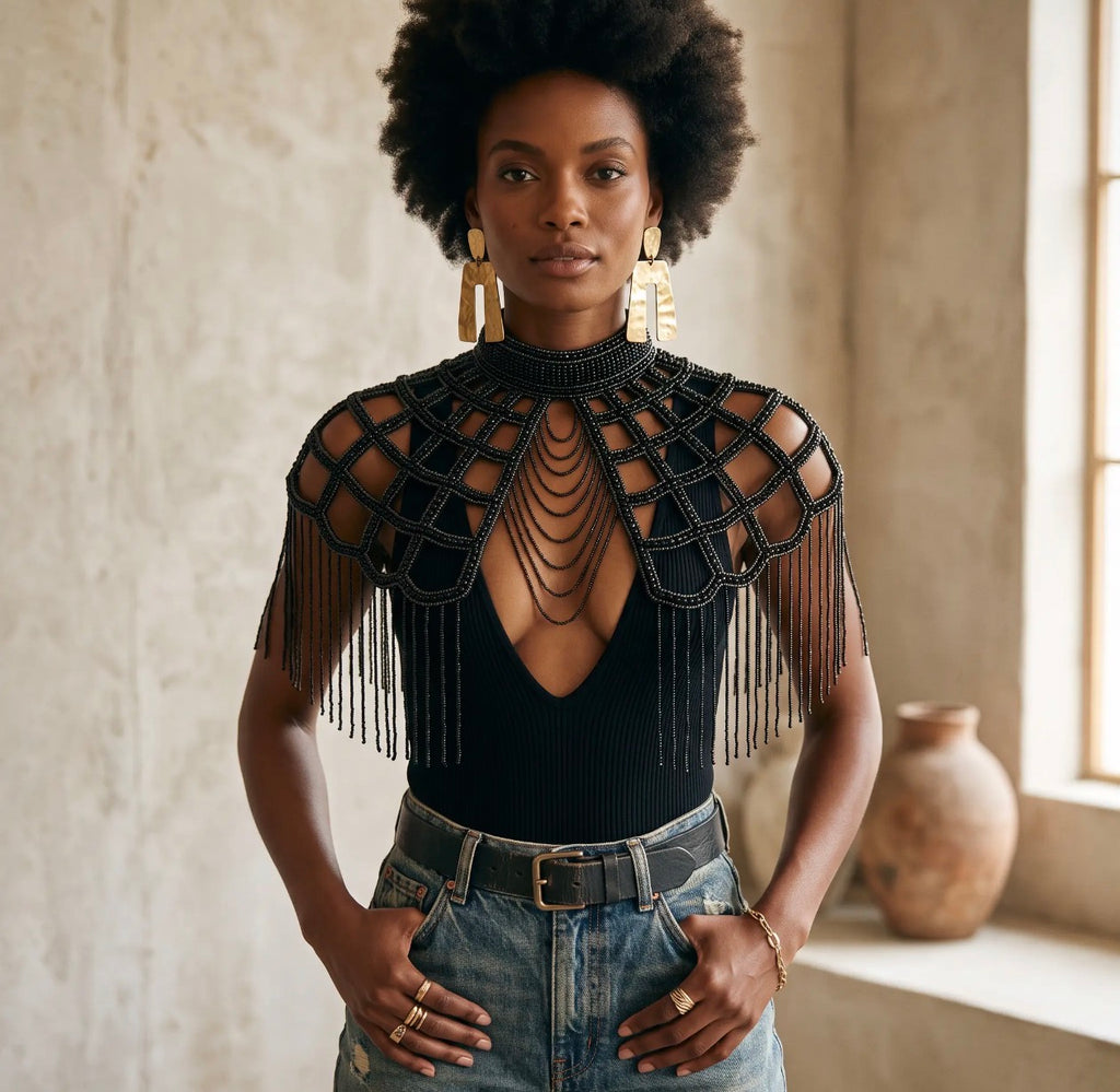 Onyx gunmetal beaded capelet