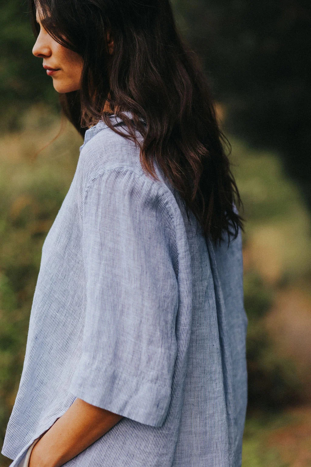 Montaigne Dion Fine Blue Stripe Linen Blouse