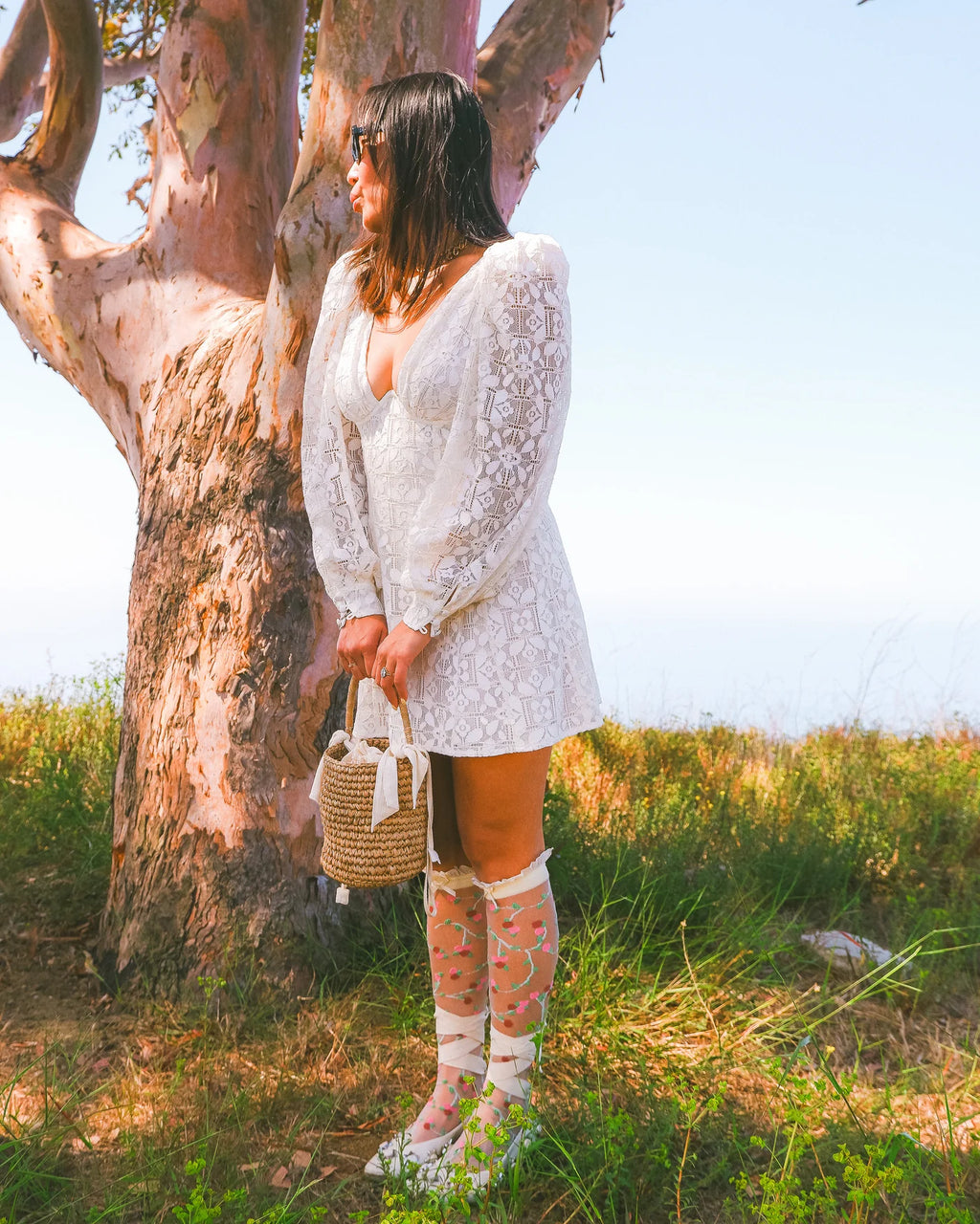 Sheer rosette ruffle bow knee high socks