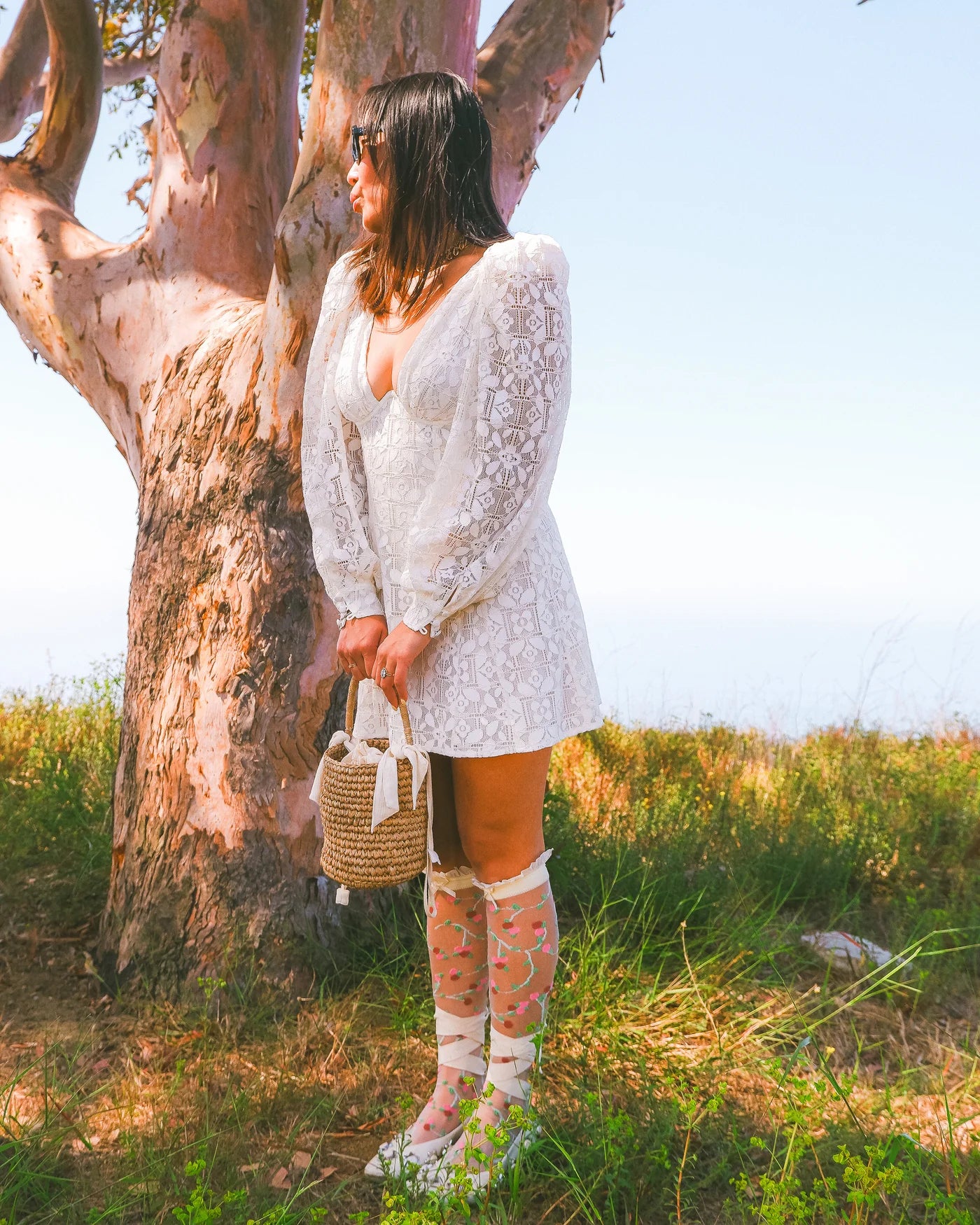 Sheer rosette ruffle bow knee high socks
