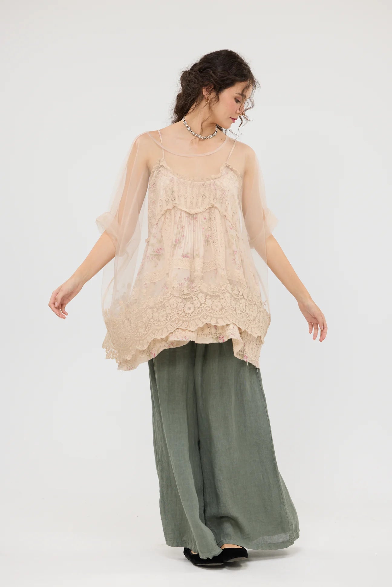 Miss roses sister violet Chantilly sheer net and lace Romantic top. Champagne.