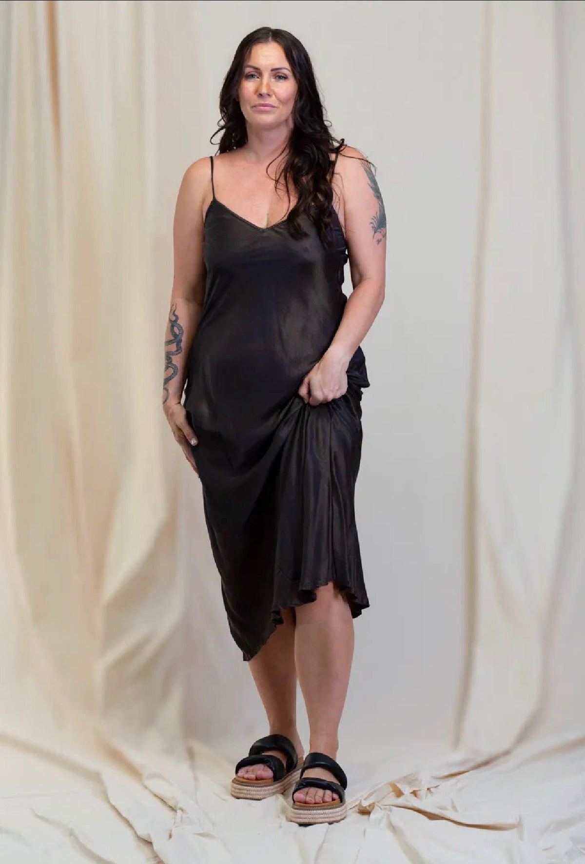 Otomo Marilyn Silk/lsatin slip long maxi dress BLACK