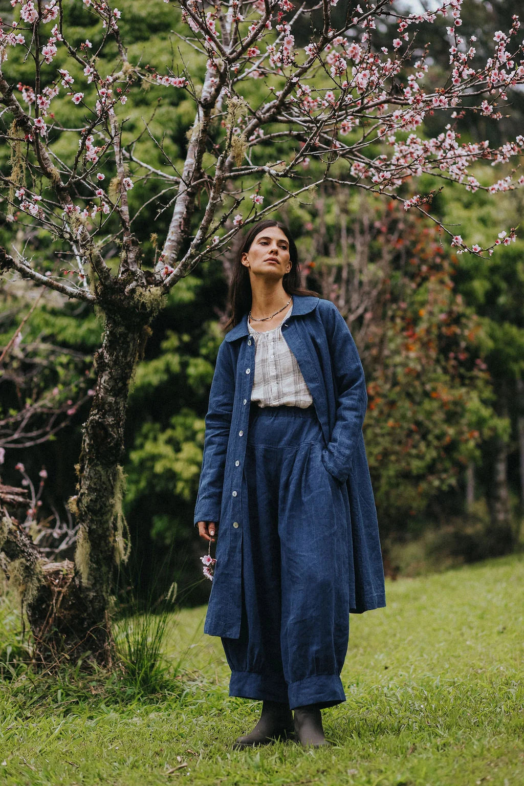 Montaigne Peter Pan Collar Linen Coat in Indigo