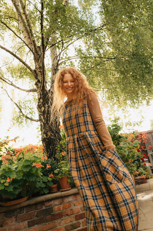 Montaigne Sartene dress blue tweed check French linen