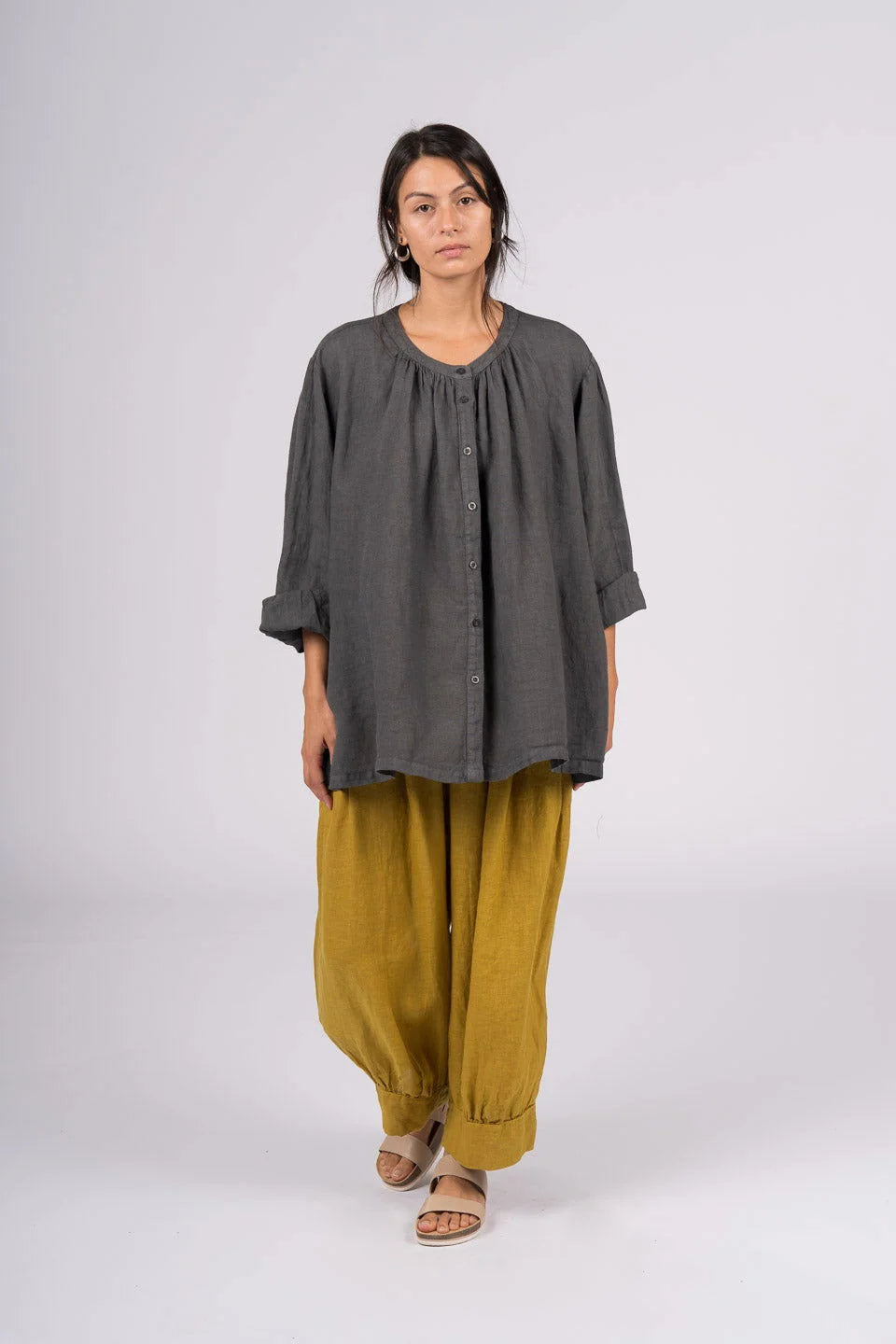 Montaigne Carmen Button Through Long Sleeve Linen Top