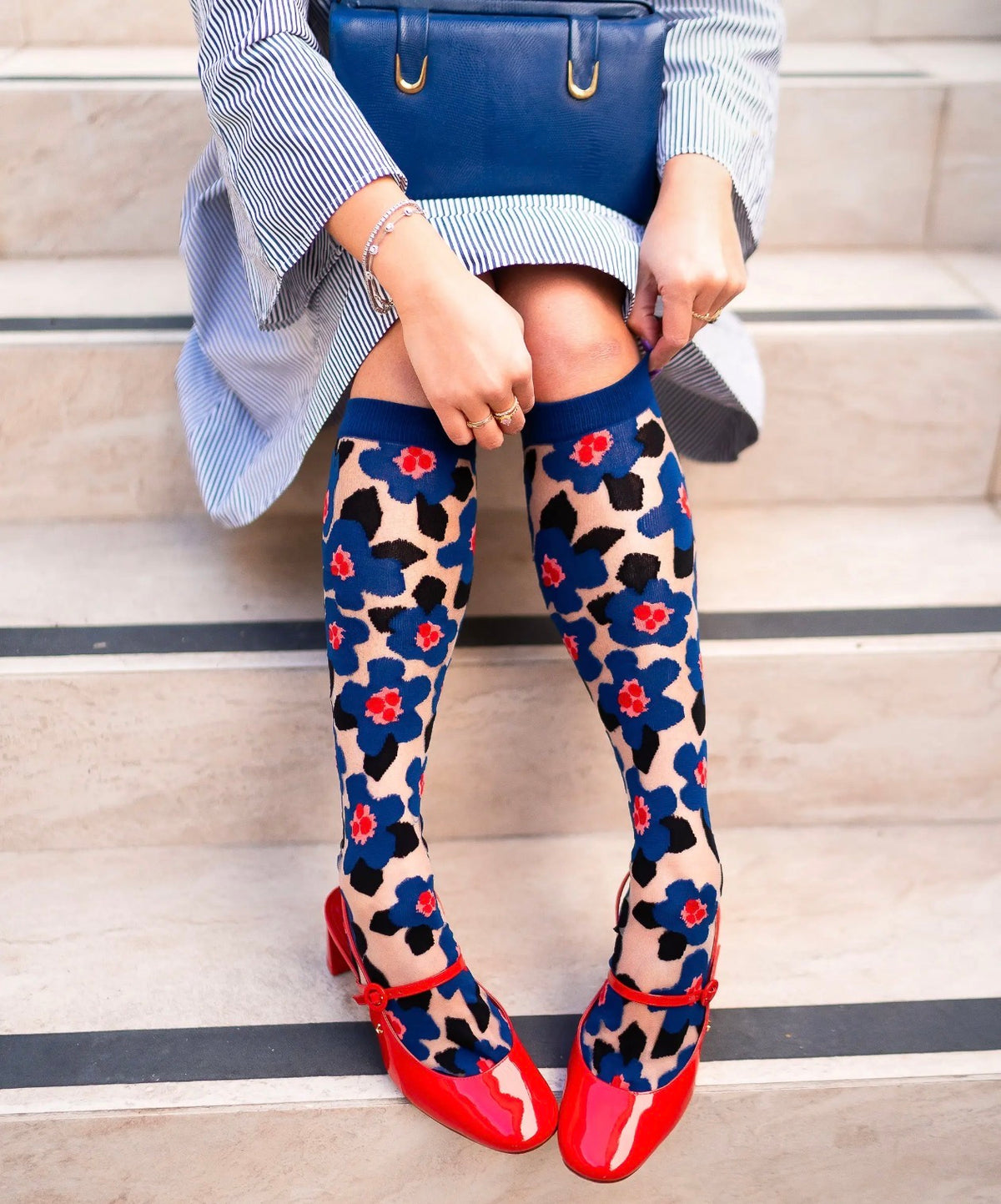 Bold blue sheer knee high socks