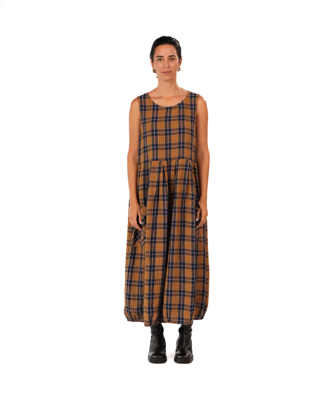 Montaigne Sartene dress blue tweed check French linen