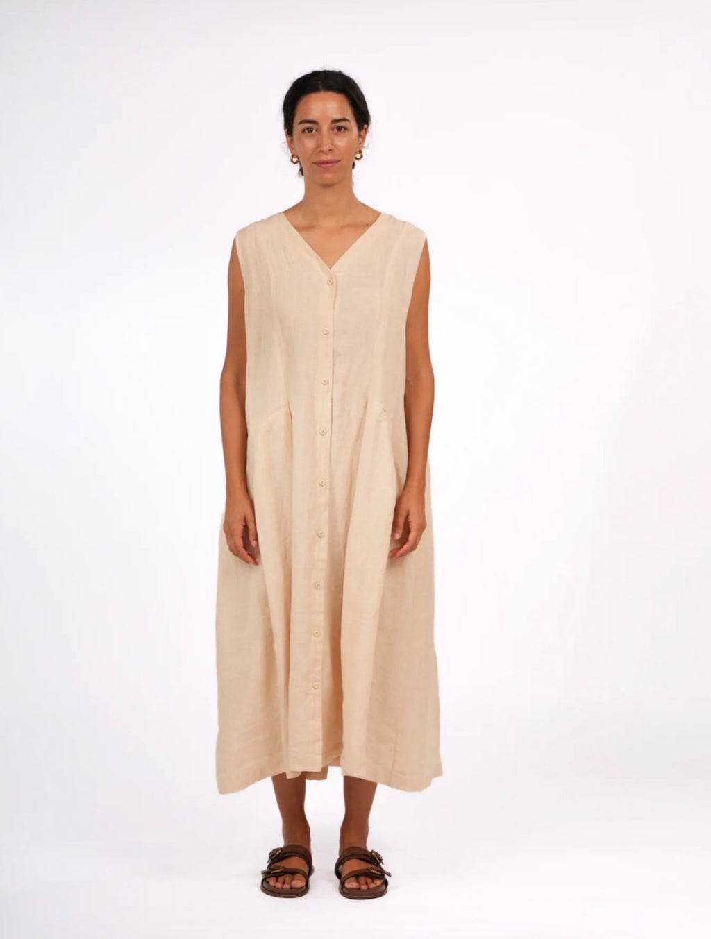 Sorrento Button-Through French Linen V-Neck Dress