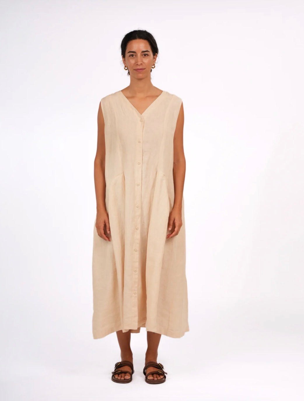 Sorrento Button-Through French Linen V-Neck Dress