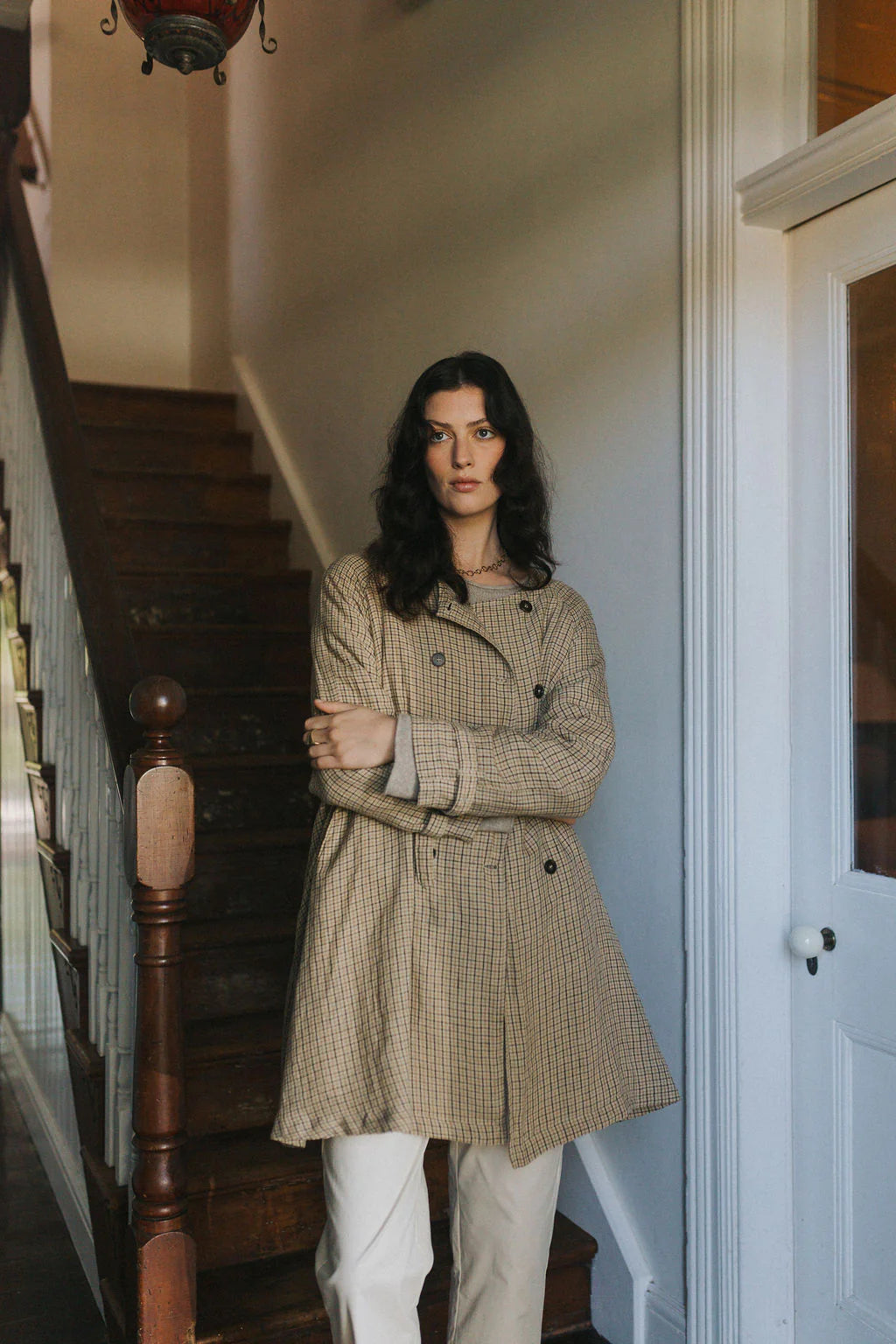 Berg French Linen Collarless Peacoat in Brown Check montaigne