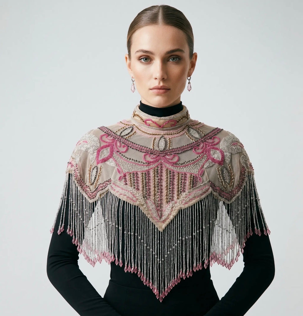 Pink cabaret beaded fringe cape pink hold and silver