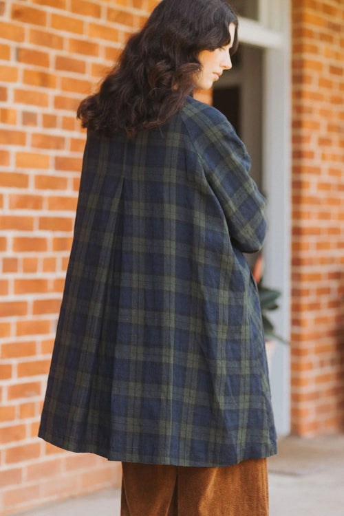 Montaigne Berg French Linen Tartan Collarless Peacoat