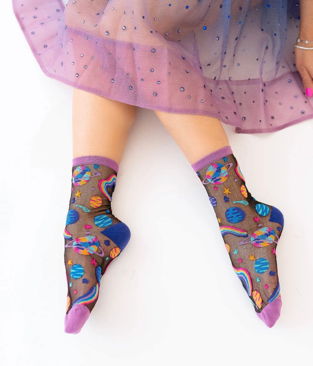 Art planets black sheer crew socks