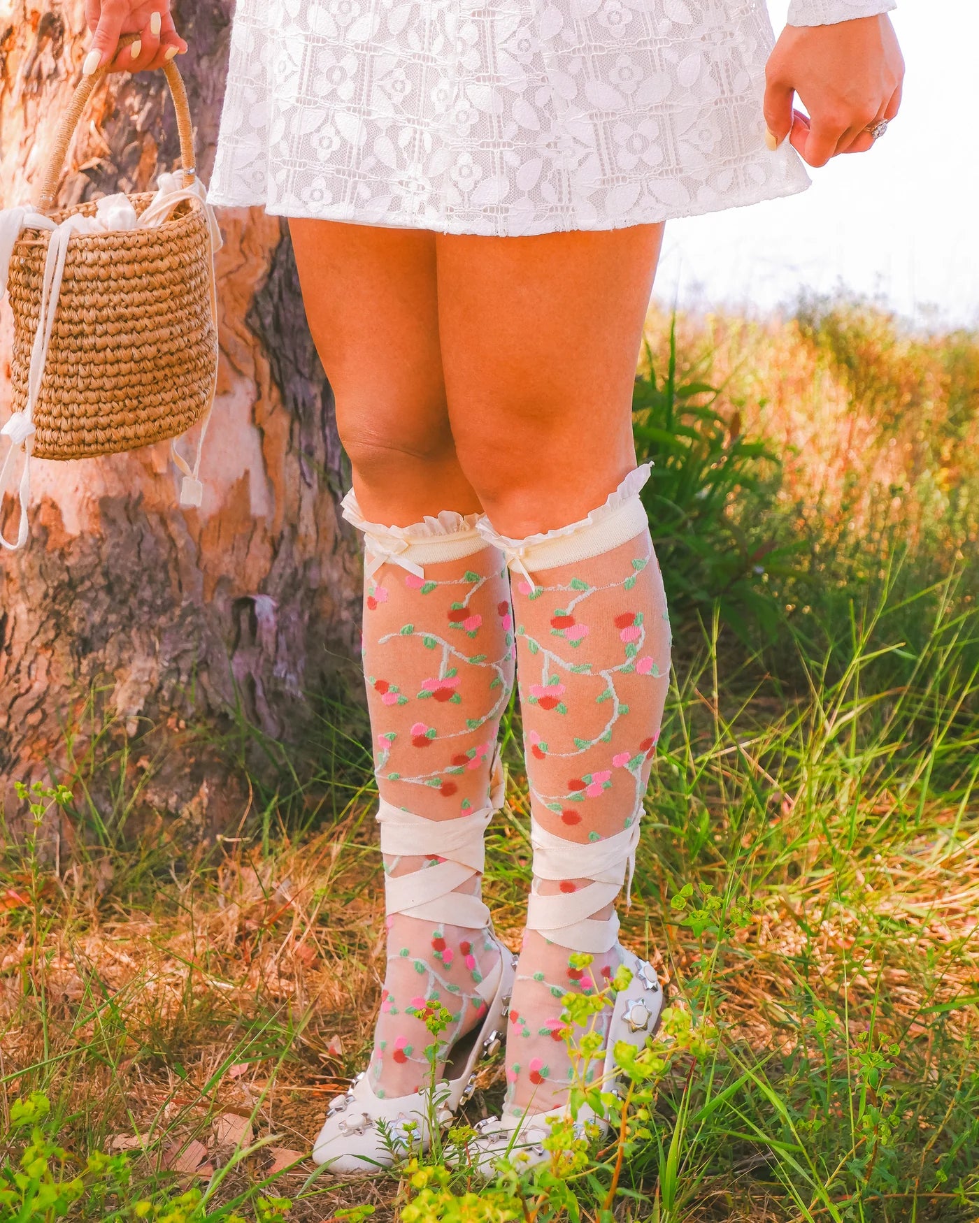 Sheer rosette ruffle bow knee high socks