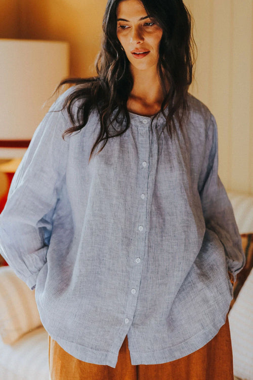 Montaigne Carmen Linen Top In Fine Blue Stripe