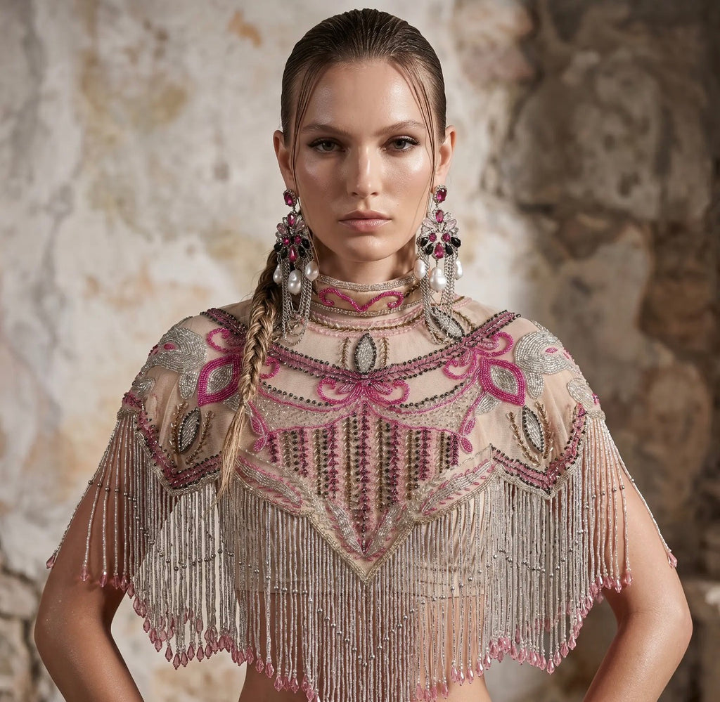 Pink cabaret beaded fringe cape pink hold and silver