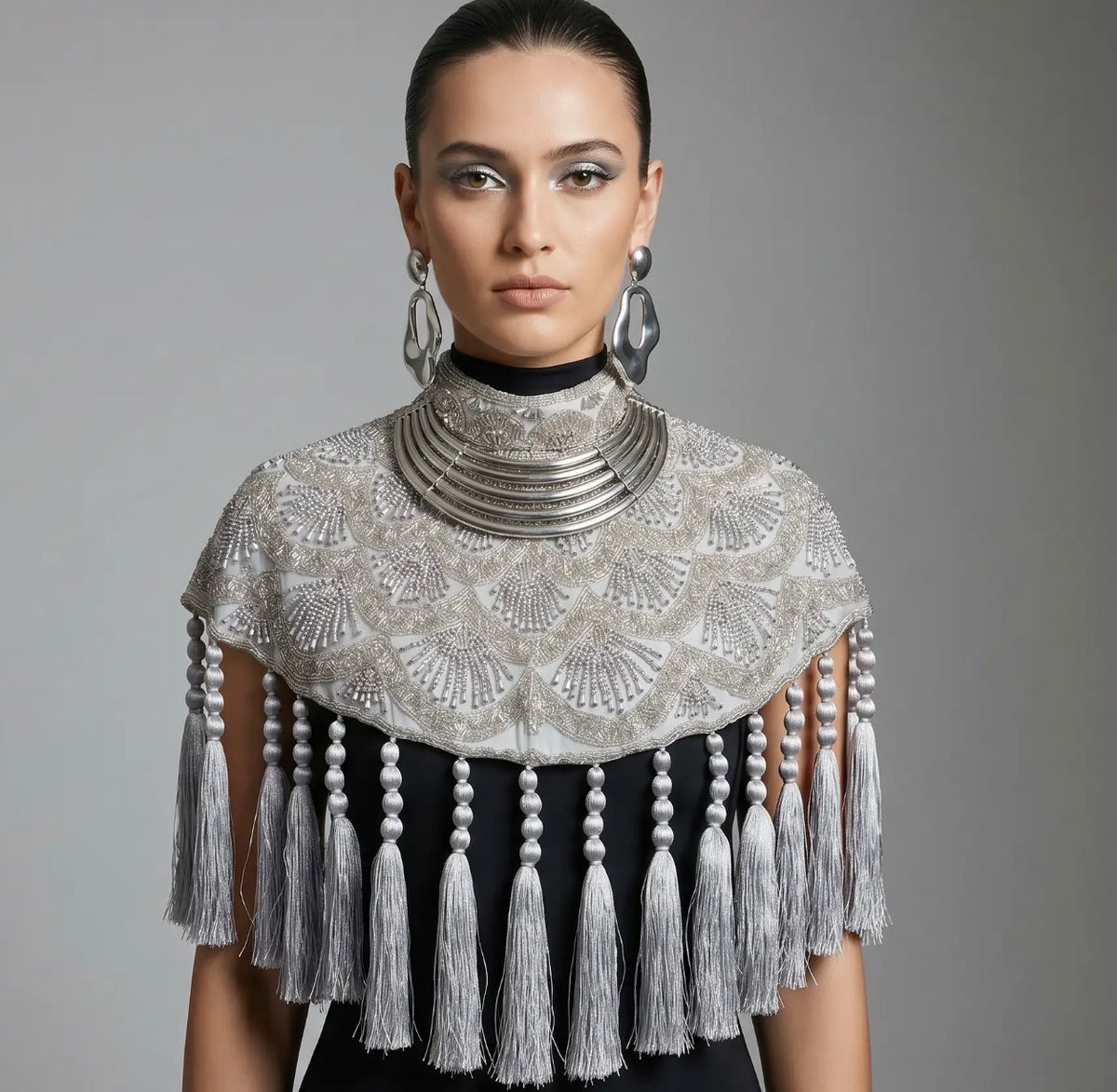 Celestine silver beaded tassel cape