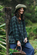 Montaigne Carmen Button-Through Linen Top In Green Black Plaid