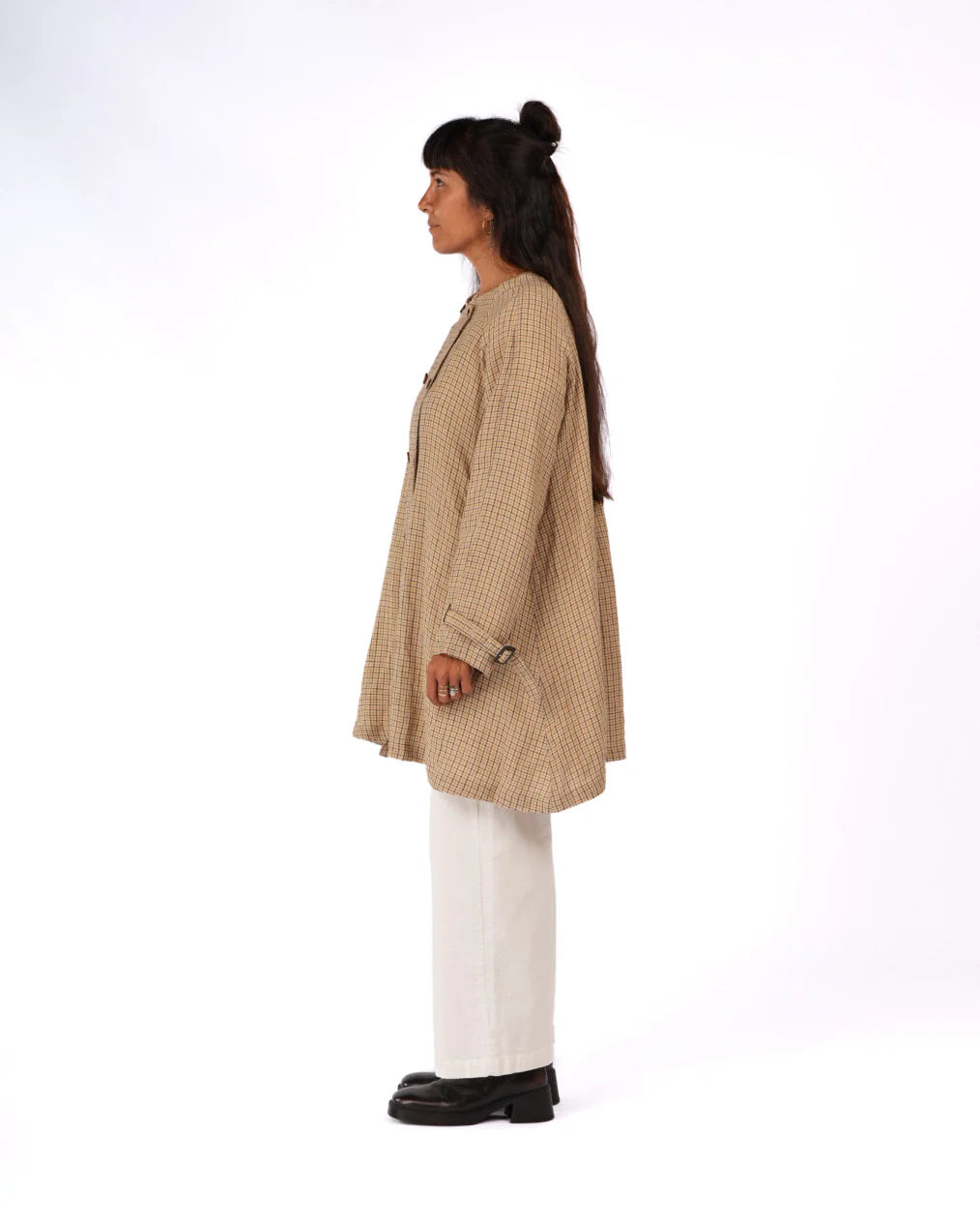 Berg French Linen Collarless Peacoat in Brown Check montaigne