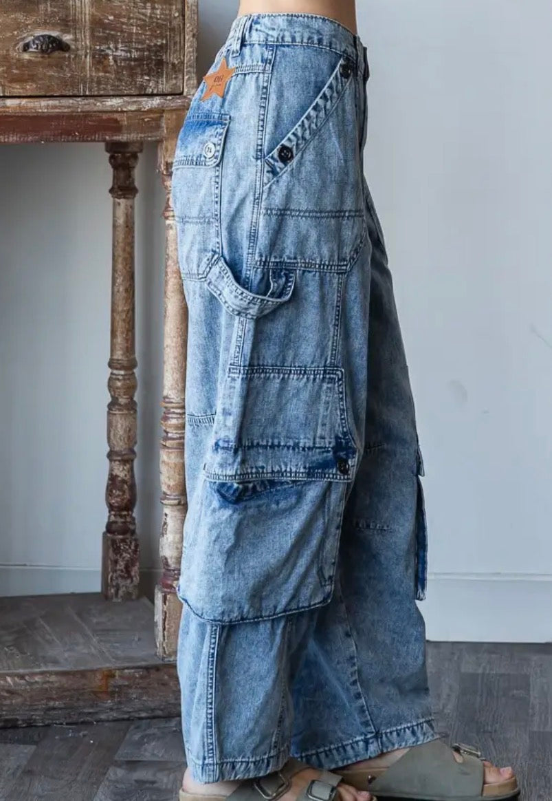 Washed 3d pocket cargo denim pants