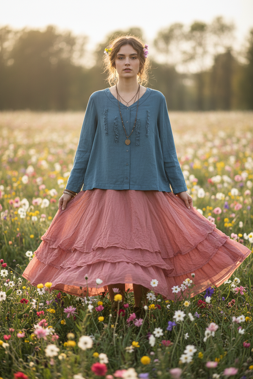Agna Blue Blouse & Wendy Old Rose Skirt – Spring Editorial