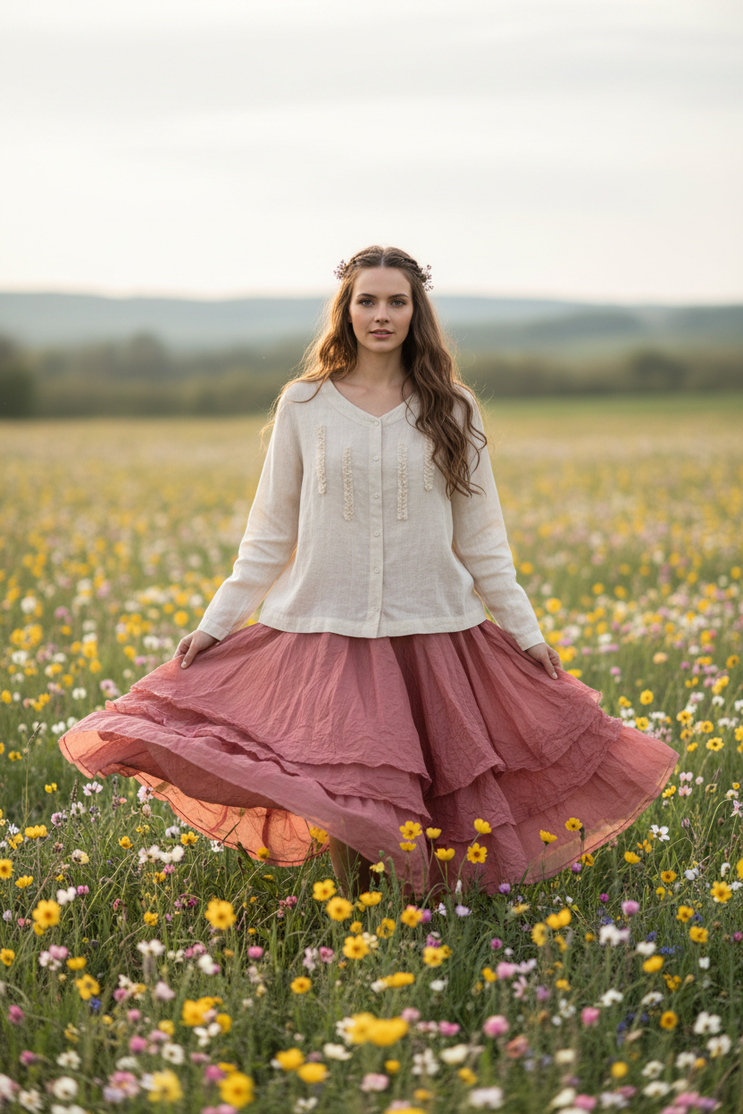 Agna Blouse Natural & Wendy Old Rose Skirt – Spring Editorial