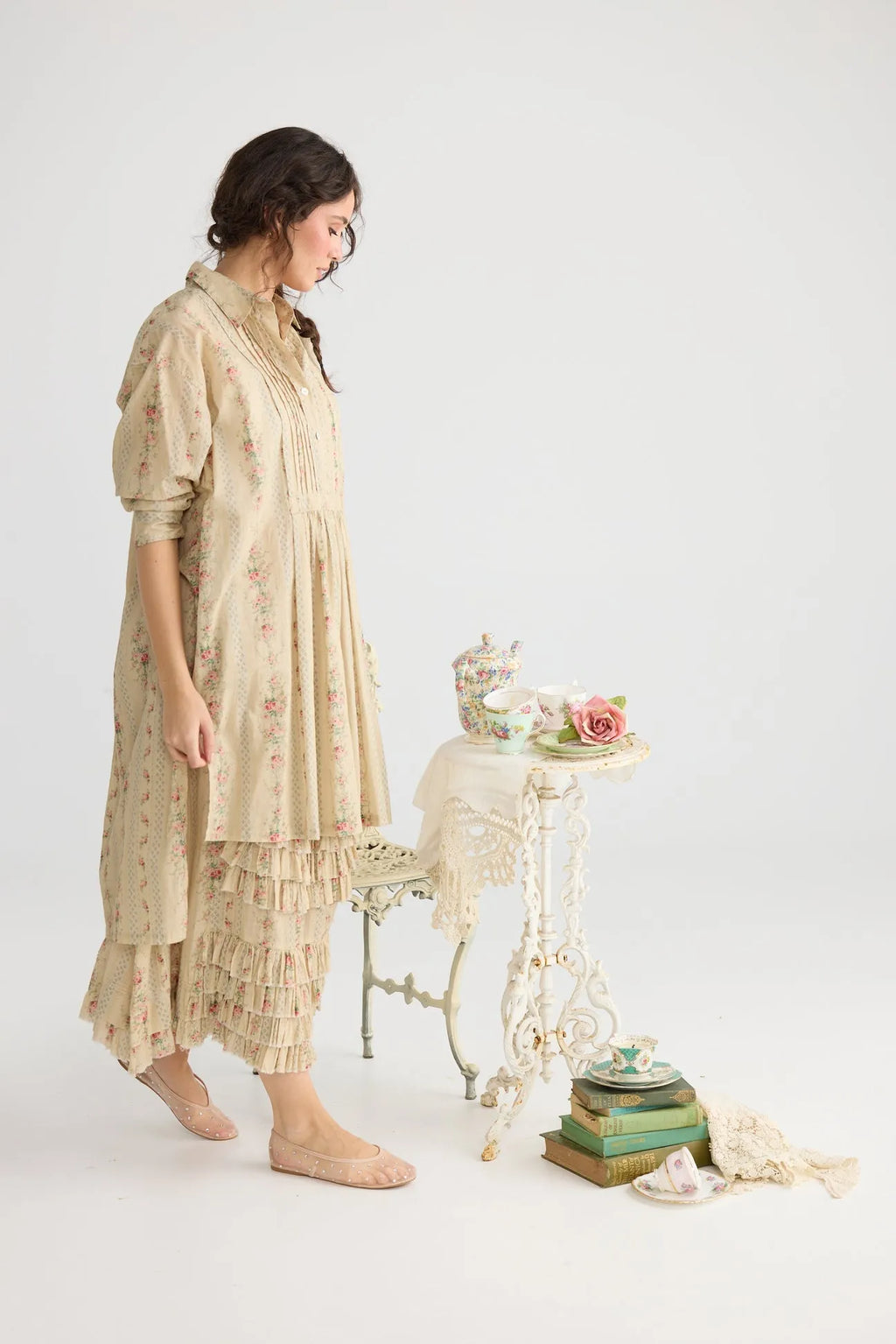 Annabella long shirt. French Floral miss roses sister violet - Stay Wild Collective  