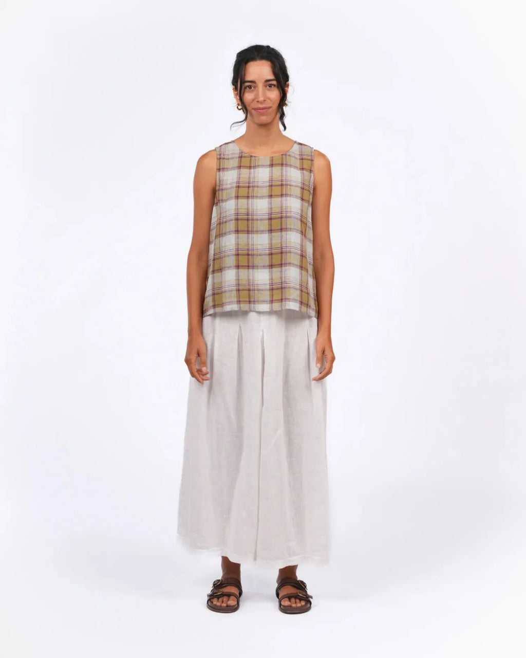 Ava Linen Cami in Pistachio Check Montaigne - Stay Wild Collective  