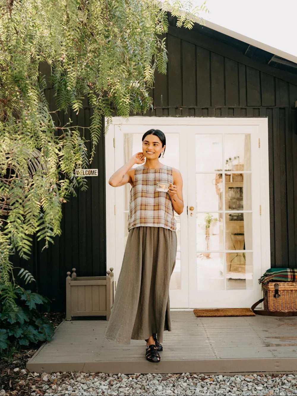 Ava Linen Cami in Pistachio Check Montaigne - Stay Wild Collective  